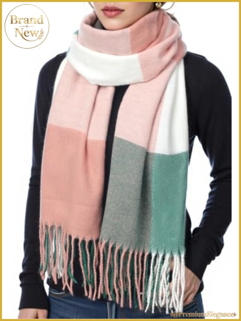 Oversized Plaid Winter Scarf Soft Warm Shawl Wrap Tassel Trim Women